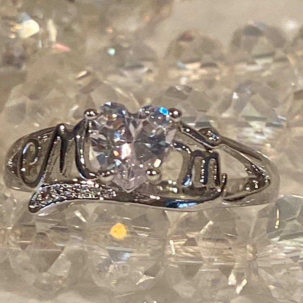 Silver White Crystal  Heart Love Mom Ring